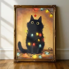 Funny Black Cat Christmas Lights Art Winter Holiday Decor Poster