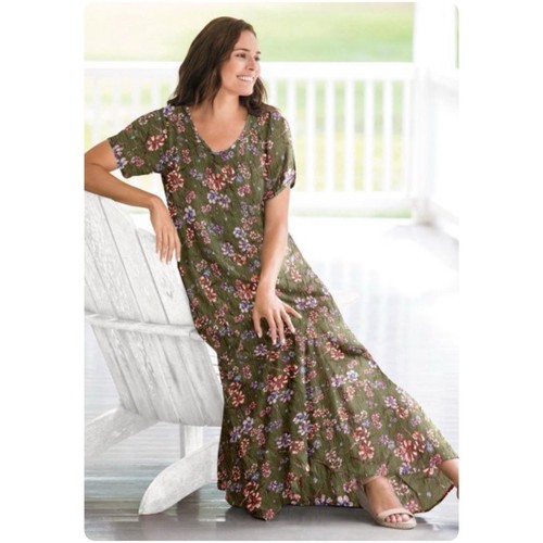 Woman Within Crinkle Floral Maxi Dress Basil Green Size 2X - Picture 1 of 12