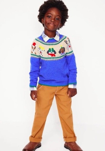 Mini Boden Fair Isle Sweater Greek Blue Festive Dogs Sz 6-7 NWT $68