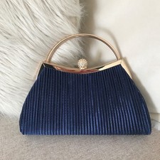 Women’s Navy Evening Clutch Bag with Metal Handle & Detachable Chain. Rounded
