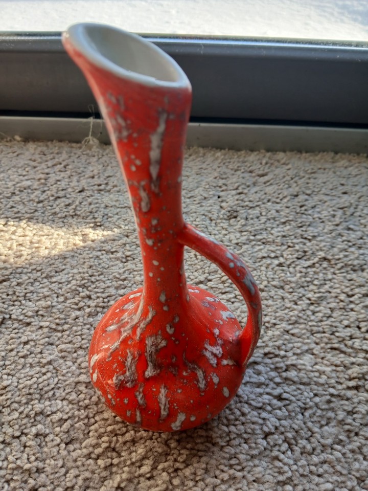 Mid-century Modern Orange Lava Drip Glaze Pottery Vase 7" Tall Karyl Engraved