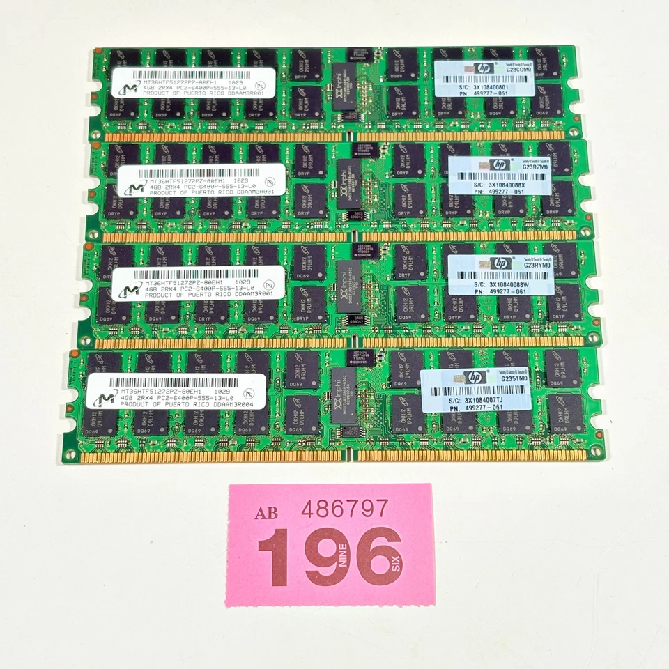 Micron MT36HTF51272PZ-80EH1 16GB 4x4GB PC2-6400 DDR2-800MHz ECC CL5 240P Server - Image 3 of 3