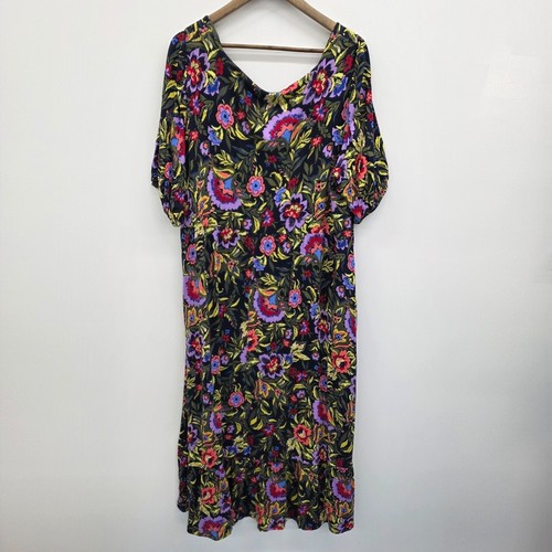 Terra & Sky Tropical Floral Midi Dress 2X Boho Stretch Knit Pockets Resortwear - Picture 4 of 13