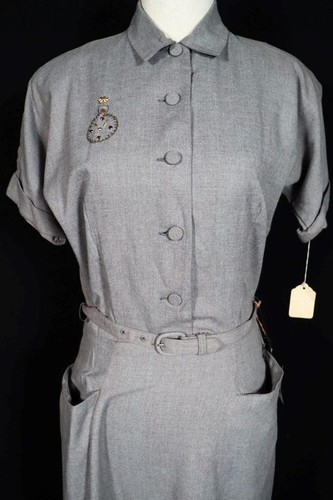 Vintage Deadstock Fancy 1950'S Taupe Rayon Gabardine Dress Size 6-8 With Tags - Picture 2 of 6