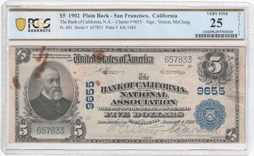 Fr. 601 1902 $5 Plain Back - San Francisco, CA, Ch 9655 PCGS  VF25 - Picture 1 of 2