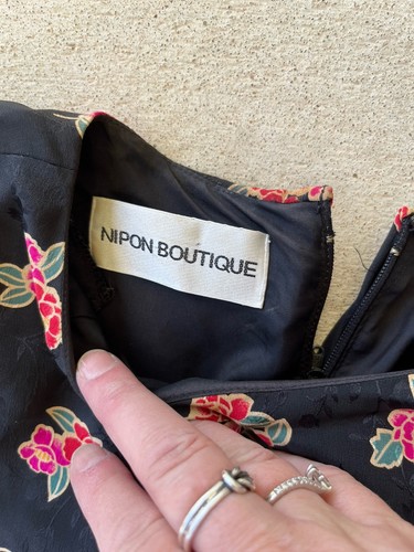 Vintage 80s 100% Silk Dress Nipon Boutique Black Floral Shoulder Pads Sz 10 - Picture 2 of 14