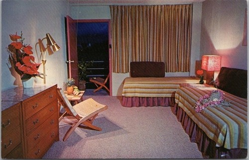 Motel/apartamentos HONOLULU, Hawái postal HALE PUA NUI c1960 - vista a la habitación