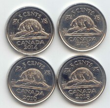 Canada 2014 2015 2016 2018 Canadian Nickels 5c Five Cents Exact Set - 4 Coins