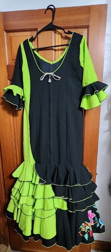 Vintage Paco Alvarez Authentic Flamenco Gypsy Dress Green Black - Waist size 36 - Picture 5 of 11