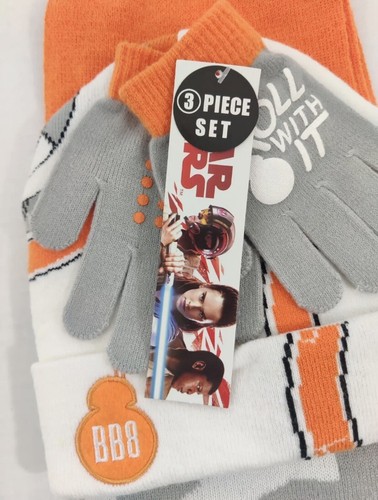 Star Wars BB8 Boy's 3 Piece pc Hat Scarf Gloves Set NWT OSFM Disney White,Orange - Picture 3 of 4
