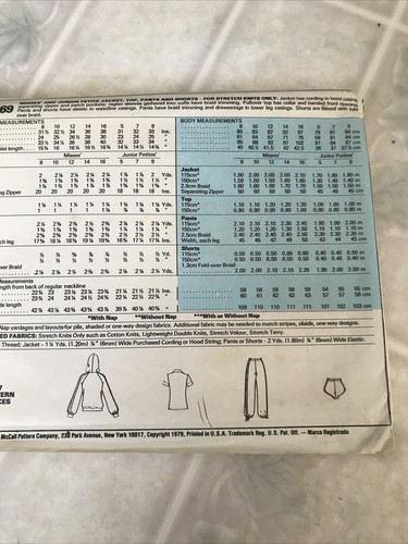 Vintage 70s McCalls 6469 Sewing Pattern Activewear T-Shirt Hoodie Track Pant 10 - Picture 3 of 3