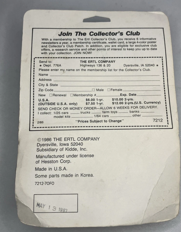 1/64 Hesston ERTL  Die-Cast Front EndLoader Stock Number 7212 Brand New 1986 - Image 4 of 4