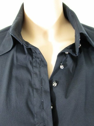 Walter Voulaz Italy Black Cotton-Blend Stretch Crystal Button Blouse 42 - Picture 6 of 11