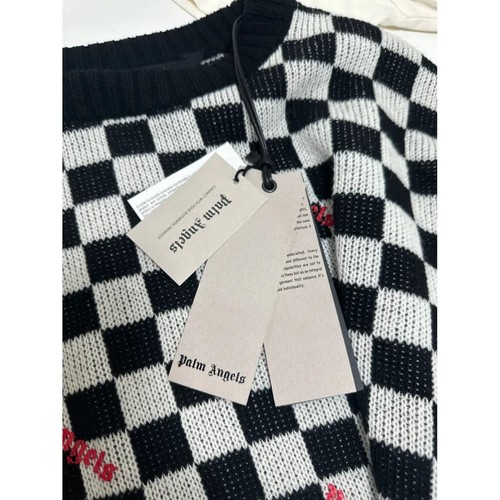 Palm Angels Checkered Knit Jumper NEW Black White Distressed Style Large Unisex - Picture 9 of 10