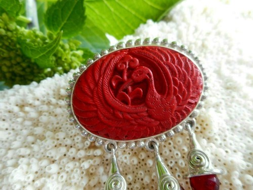 Sajen Sterling Silver Carved Heron Cinnabar Opalite Brooch Pendant 36M1 - Picture 4 of 8