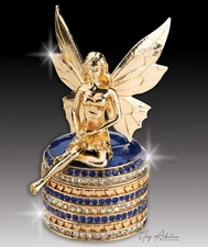 Artist Greg Arbutine Metal Tooth Fairy Box Gold Enamel & Royal BlueAAA+ Crystals