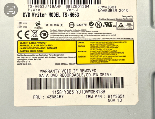 IBM 43W8467 TS-H653 43C1042 GH40N SUPER MULTI DVD REWRITER SATA 5.25'' - Picture 3 of 3