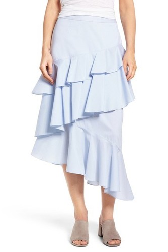 Chelsea28 XS Skirt Ruffle Midi Asymmetrical Draped Ruffle Blue White Stripes NEW - Picture 2 of 8
