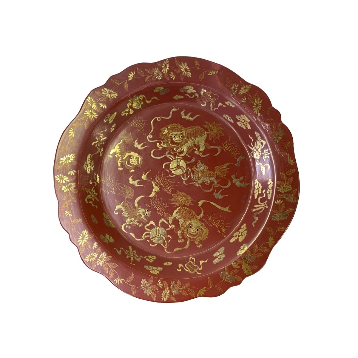 Chinese Golden Foo Dog Graphic Brick Red Lacquer Display Disc Plate ws3232S Chinese Golden Foo Dog Graphic Brick Red Lacquer Display Disc Plate ws3232S
