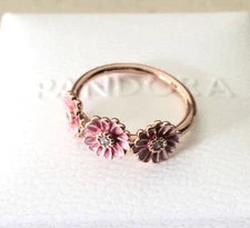 Pandora Pink Daisy Flower Trio, Clear CZ Ring #188792C01+HINGED BOX+POLISH CLOTH