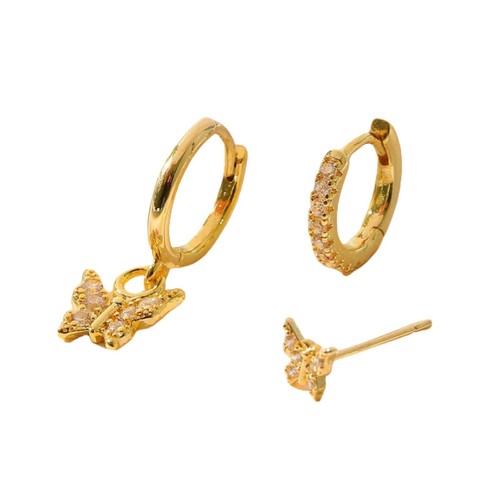 3PCS Elegant Butterfly CZ Charms Huggie Hoop Earrings Set Mismatched Ear Jewelry - Picture 9 of 10