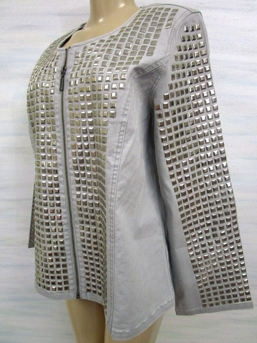 DIANE GILMAN GRAY PYRAMID STUDDED DENIM LONG SLEEVE JACKET SIZE L - NWT - Picture 5 of 8