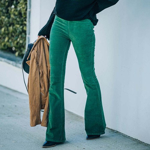 Womens High Waist Corduroy Trousers Ladies Casual Solid Skinny Flared Long Pants - Picture 13 of 58