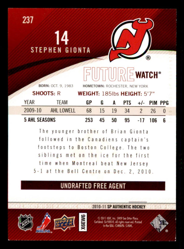 2010-11 SP Authentic #237 Stephen Gionta RC /999 (ref 239706) - Image 2 of 2