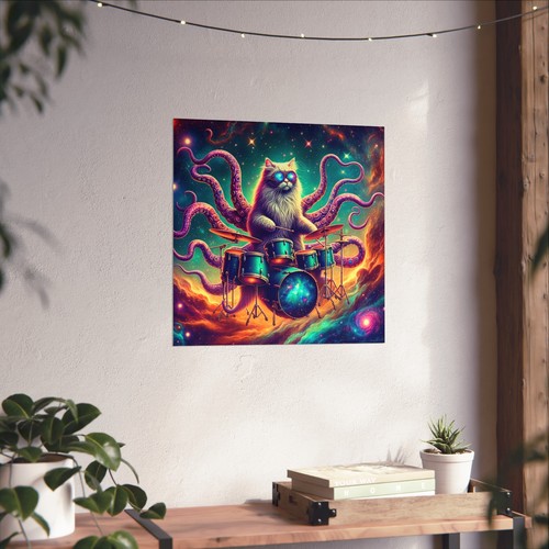 Matte Square Poster Wall Art Crazy Cosmic Cat Tentacles Playing Drums Sci Fi Pet - Picture 35 of 50