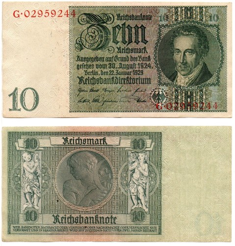 GERMANY Two 10 Mark with Sequential Serial Numbers (1929) 1945, Pick 180b, VF - Picture 1 of 2
