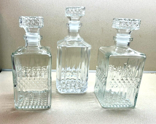 Set of 3 Vintage Clear Glass Square Liquor Decanters with Sealing Stoppers - Picture 1 of 7