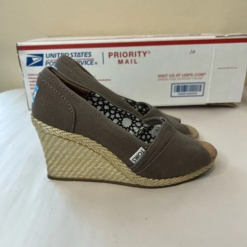 Toms Wedge Shoes Open Toe Womens Size 6aw Taupe / Brown - Picture 2 of 4