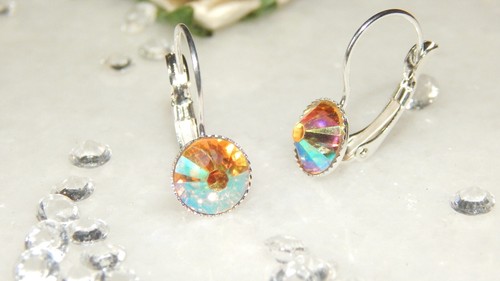 Silver Plated Milled Edge Drop Leveback Earrings & 8mm Resin Stone Choose Colour - Picture 29 of 29