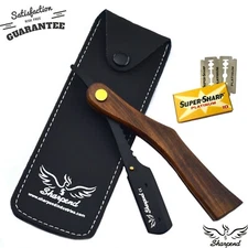 Wood Professional Barber Hair Shaving Razor Straight Edge Folding Knife10 Blades