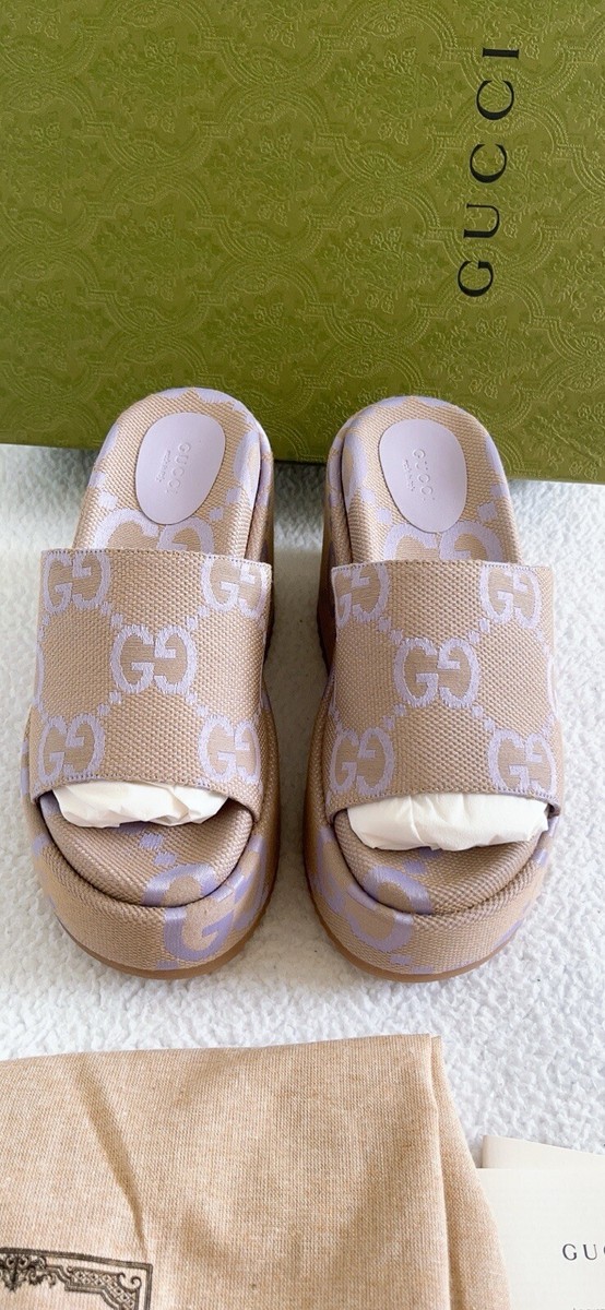 Gucci Monogram Jumbo GG Platform Slide Wedge Sandals in