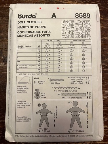 Burda 8589 UNCUT Sewing Pattern, 16-22" Doll Clothes - Picture 2 of 2