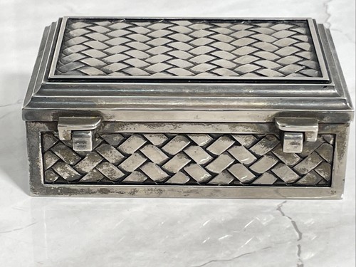 Silver Plated Box Hinged Lid Trinket Box Basket Weave Design 4” x 2.5” Flip Top - Picture 3 of 7