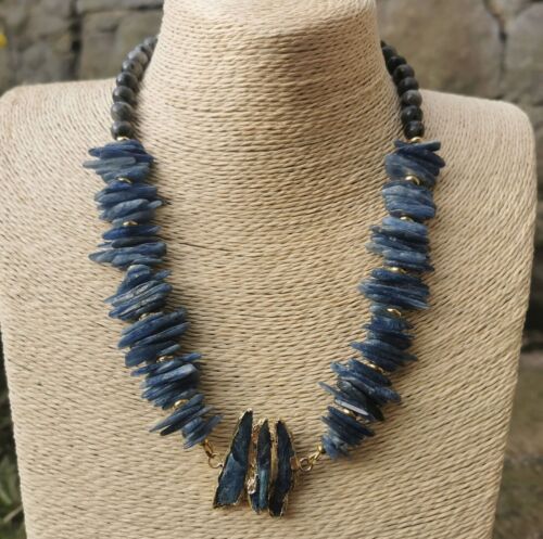 Rohe blaue Kyanit mit grauen Larvikitperlen 18K GoldPlt handgefertigte Halskette - Bild 6 von 7