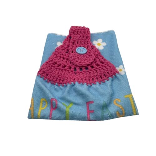 Easter Hanging Dishtowel Bunny Basket on Blue Towel Pink Crochet Top - Picture 6 of 6