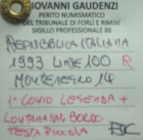 Italienische Republik - 100 Lire 1993 1. Typ Kleiner Kopf - Gutachten FDC / UNC - Bild 3 von 3