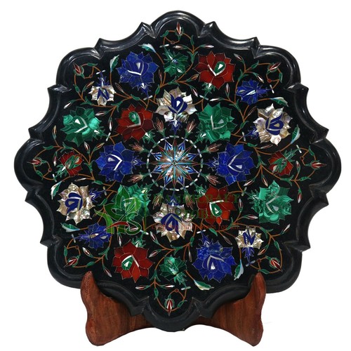Black Marble Inlay table Top Inlaid With Semi-Precious Gems Stone For Side table - Picture 2 of 8