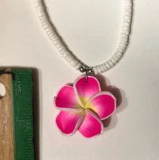 Clam Shells Necklace Pink Fimo Plumeria Hawaiian Tropical Flower Hawaii Jewelry
