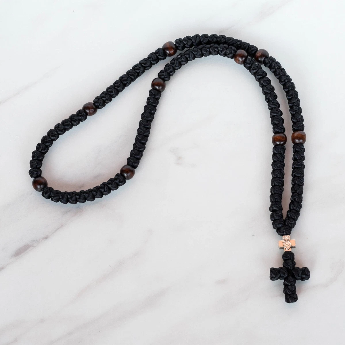 100 knots black prayer rope with dark brown wooden beads Orthodox Christian  gift