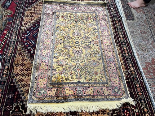 COLLECTORS' PİECE Vintage Natural Silk Hereke Turkish Oriental Floral Carpet