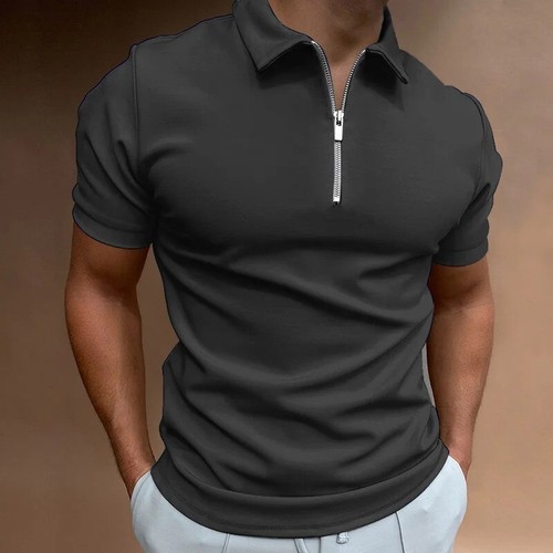 Camisa de vestir clásica lisa manga corta cuello en V solapa con cremallera para hombre calce ajustado pulóver - Imagen 7 de 9