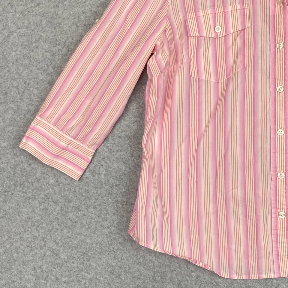 Blusa IZOD Top Mujer L Rosa Rayas Botón Delantero Manga 3/4 Pestaña Enrollable Algodón Foto 4 de 4