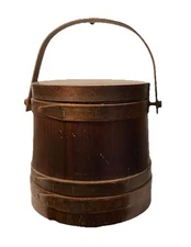 Antique Prim Firkin Dark Wooden Sugar Bucket Drop Handle & Lid H-10”3 Bands