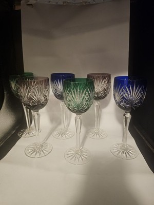 Set of 6 Bohemian cut to clear Color Crystal wine glasses goblets, Heavy, 9'' H