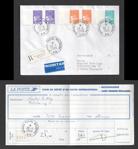 France Military Post BPM 519 Registered 2000 Cover With Receipt. Marianne Stamps