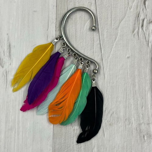 Candies Gold Tone Rhinestone Peacock & Colorful Dangle Feather Ear Cuff Set - Picture 4 of 10